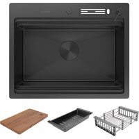 Кухонная мойка Roxen Stage 560250-60B PVD графит (c держателем для ножей, двумя коландерами, разделочной доской и дозатором)