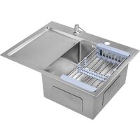 Кухонная мойка Saniteco 6550-R + Spike F9S07011 (сатин, с сифоном, дозатором и коландером)