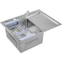 Кухонная мойка Saniteco 6550-L + Spike F9S07000 (хром, с сифоном, дозатором и коландером)